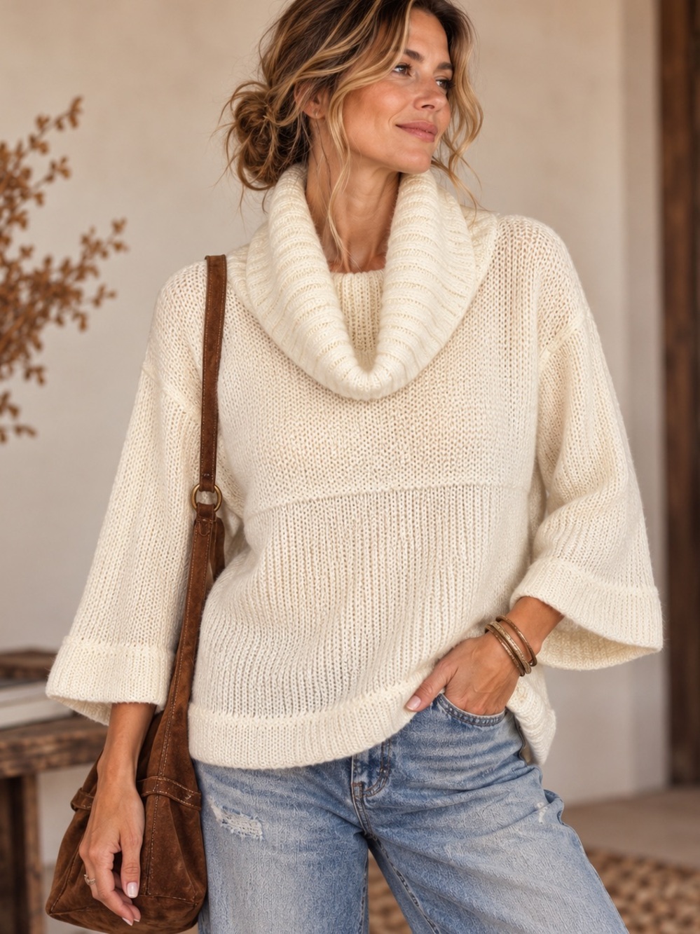 Vintage Ego Fashions Ivory Cowl Neck Bell Sleeve Knit Sweater